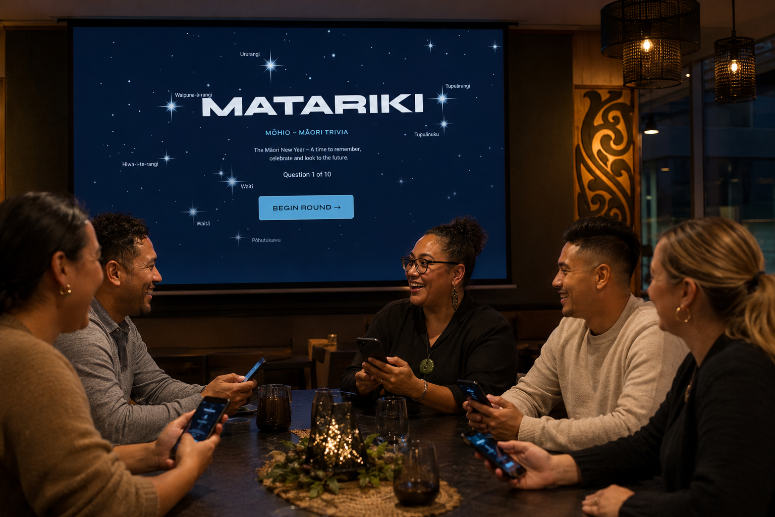 The Mōhio Matariki Quiz being played on a big screen, a Māori trivia platform built and launched by Geneva